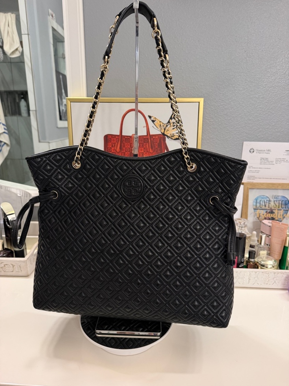 Tory Burch Black Quilted Chain-Handle Tote